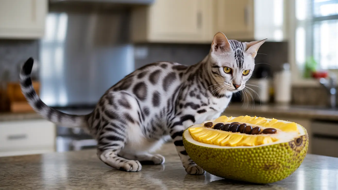 Um gato de Bengala prateado e malhado de preto sentado ao lado de uma jaca cortada ao meio em uma cozinha moderna