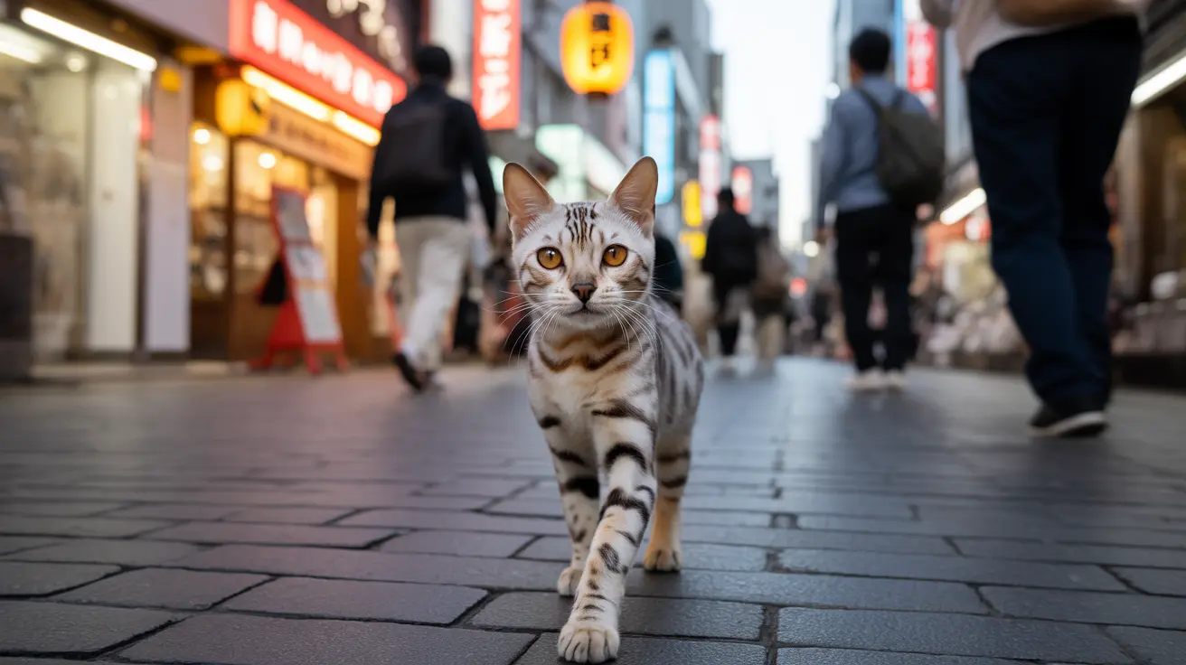 Un gato bengalí camina con confianza por una concurrida calle urbana en Japón