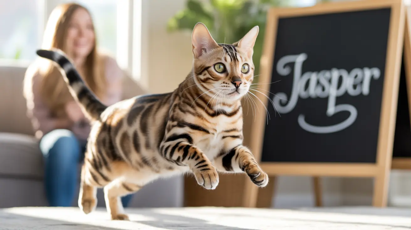 Un gato Bengalí llamado Jasper saltando en el aire en una sala de estar moderna y brillante