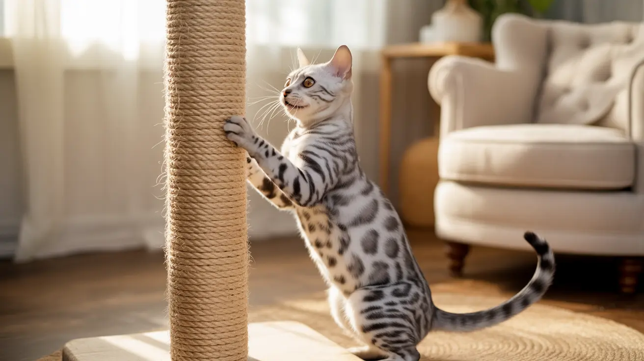 A Bengal cat stretching and scratching on a rope-covered cat scratching post inside a cozy living room