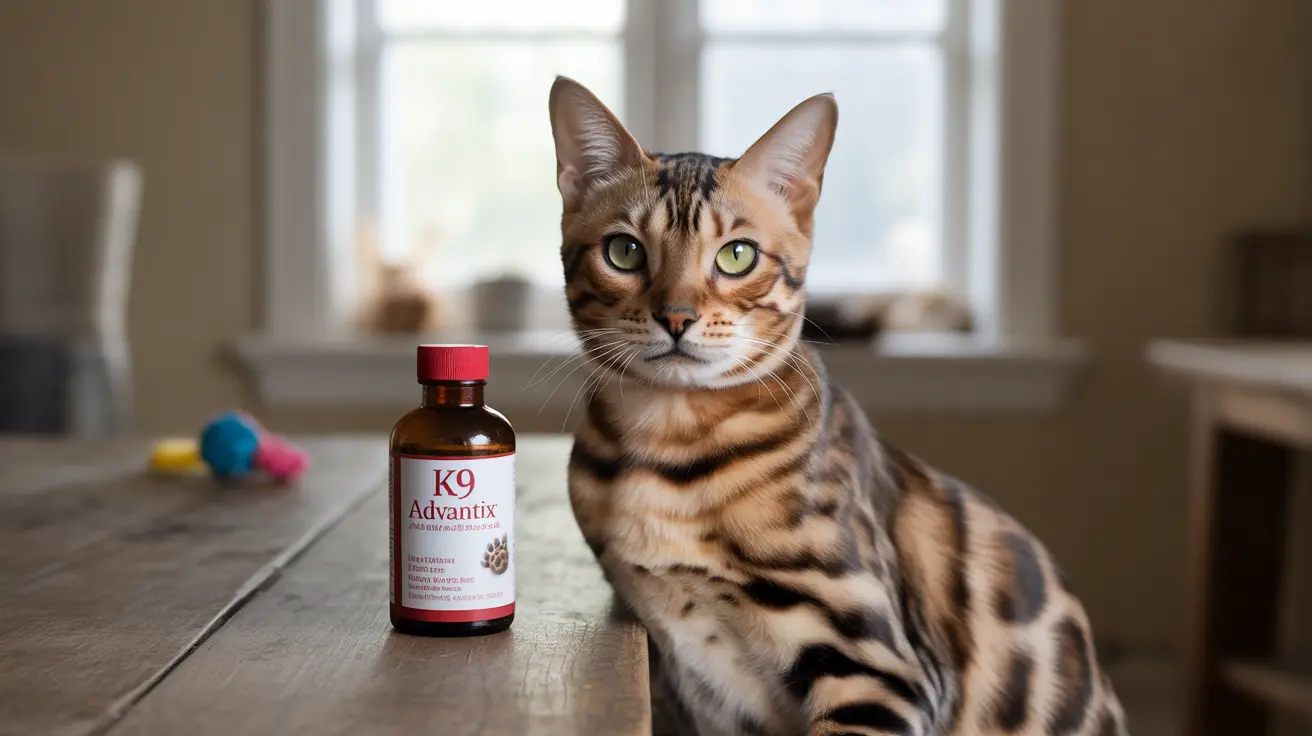 A Bengal cat sitting next to a K9 Advantix bottle on a wooden surface near a window