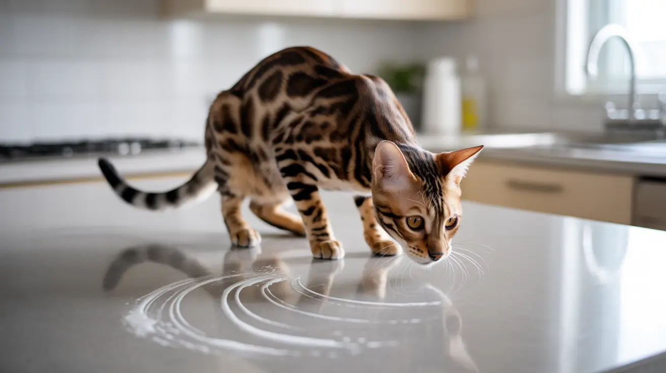 Bengal cat on a shiny kitchen countertop with reflective patterns