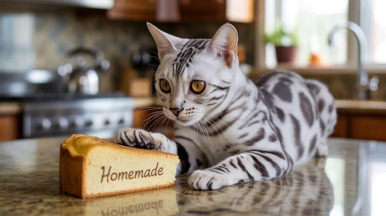 A silver and white Bengal cat sitting on a kitchen counter next to a homemade cake slice