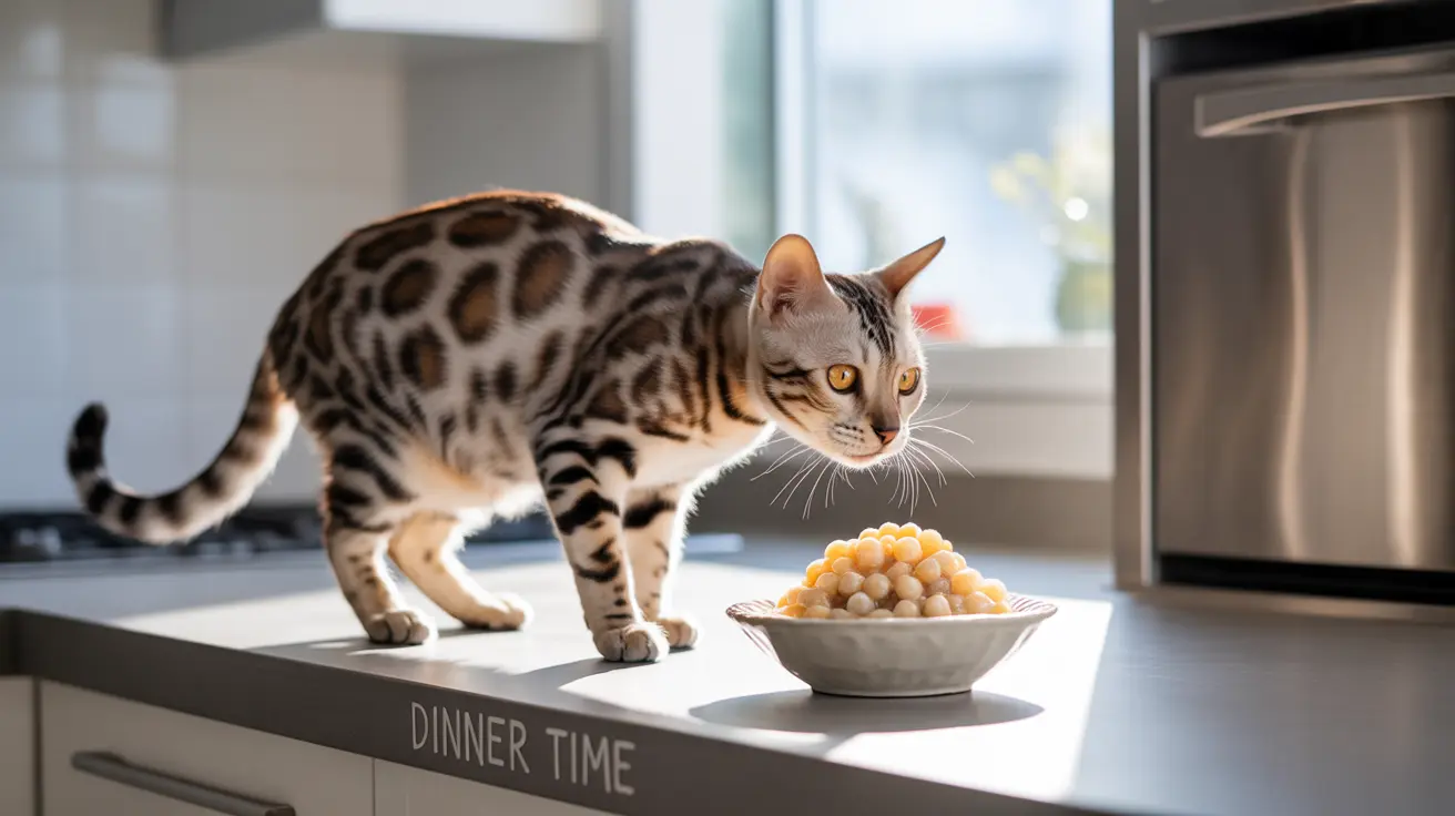 ベンガル猫がキッチンのカウンターの上でトウモロコシの入ったボウルの隣に立ち、食べ物をじっと見つめている様子