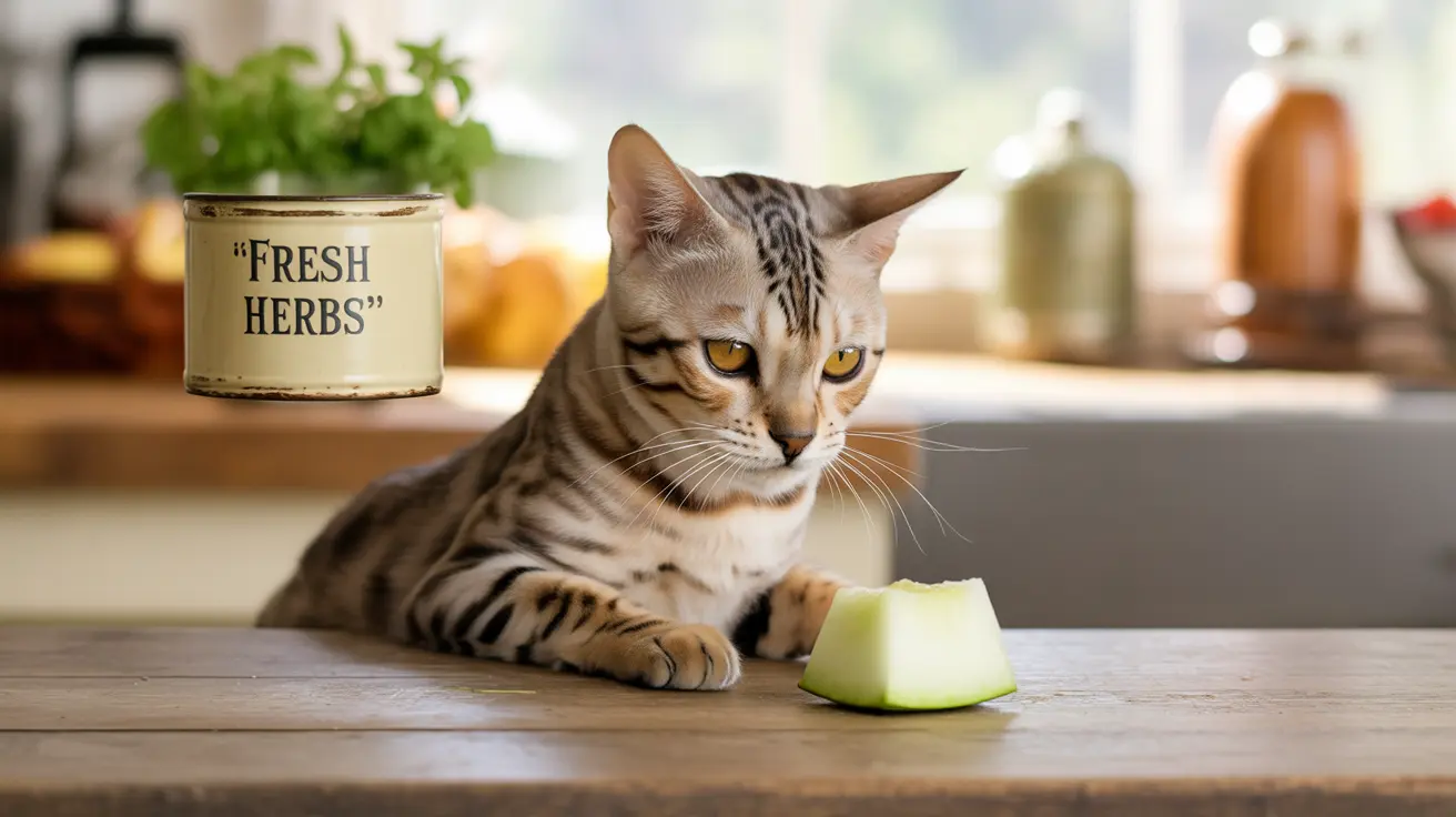 A Bengal cat sitting on a kitchen counter next to a slice of green melon