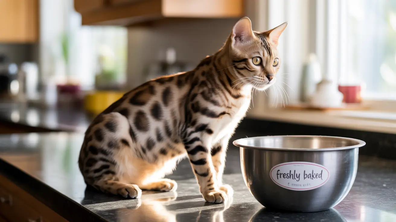 A Bengal cat sitting alertly on a kitchen countertop near a metal mixing bowl