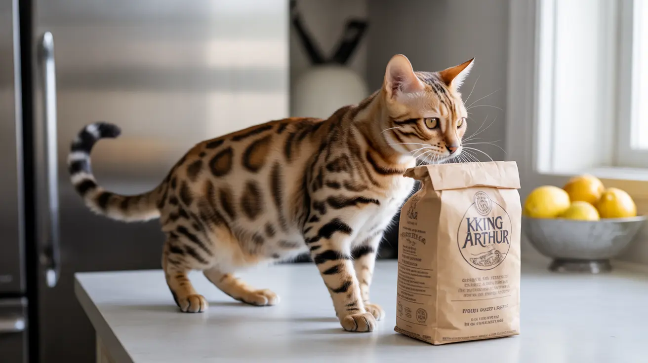 A Bengal cat standing on a kitchen counter next to a King Arthur flour bag