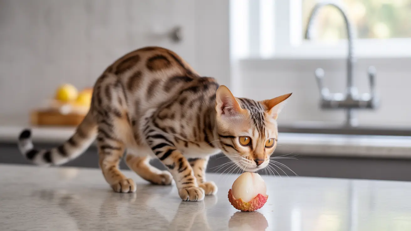 A Bengal cat exploring a kitchen counter and examining a lychee fruit
