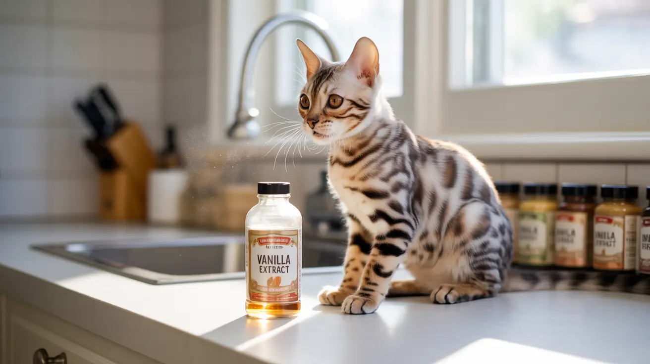 A Bengal cat sits attentively on a kitchen countertop next to a bottle of vanilla extract, with sunlight streaming in through a nearby window.