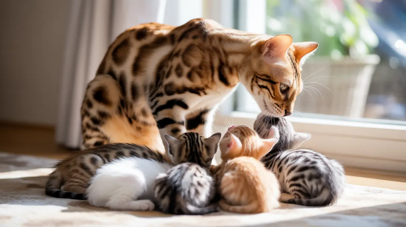 An adult Bengal cat with kittens near a sunlit window
