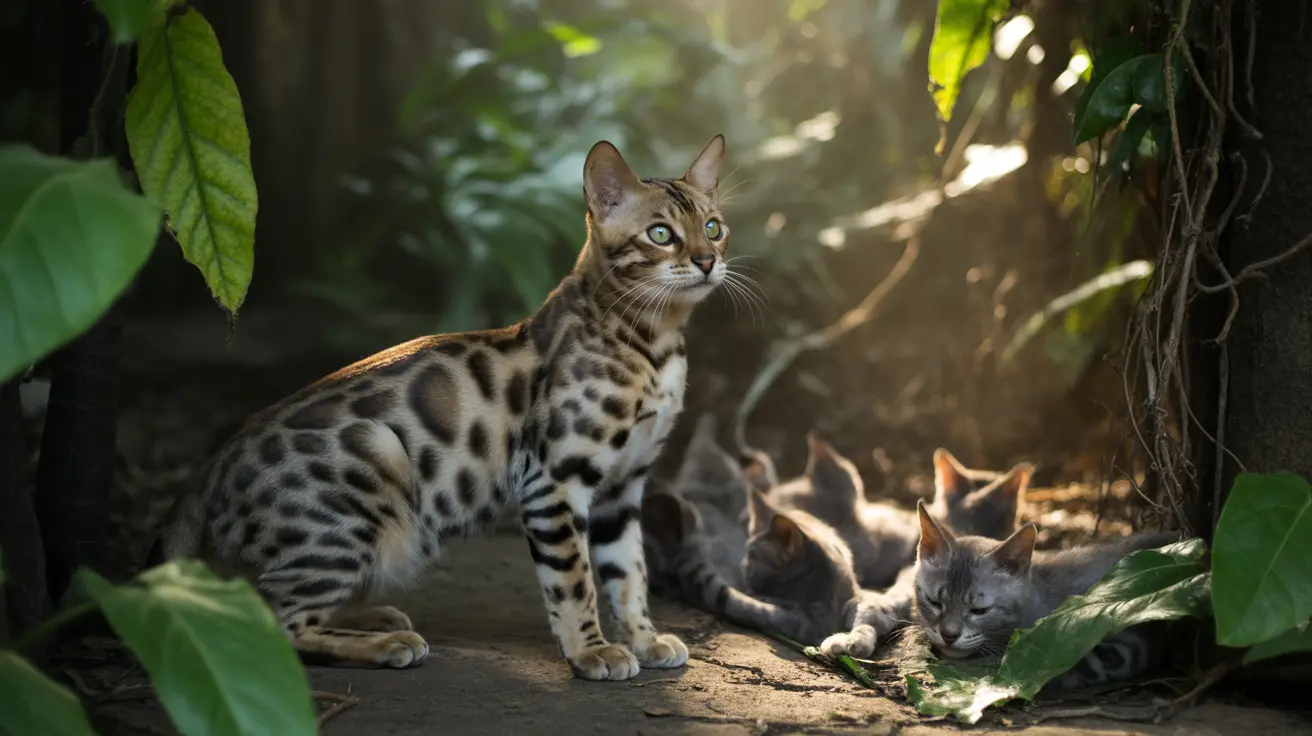 A Bengal cat with spotted fur standing alert with kittens in a forest