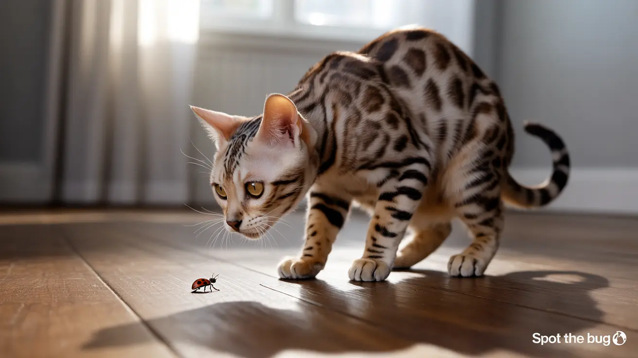 A Bengal cat intently staring at a ladybug on a wooden floor