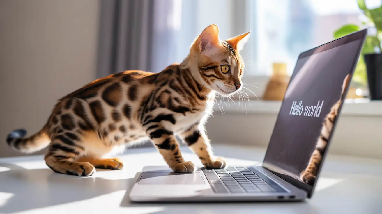 ベンガル猫がノートパソコンのキーボードの上に座り、画面に「Hello world」と表示されている様子