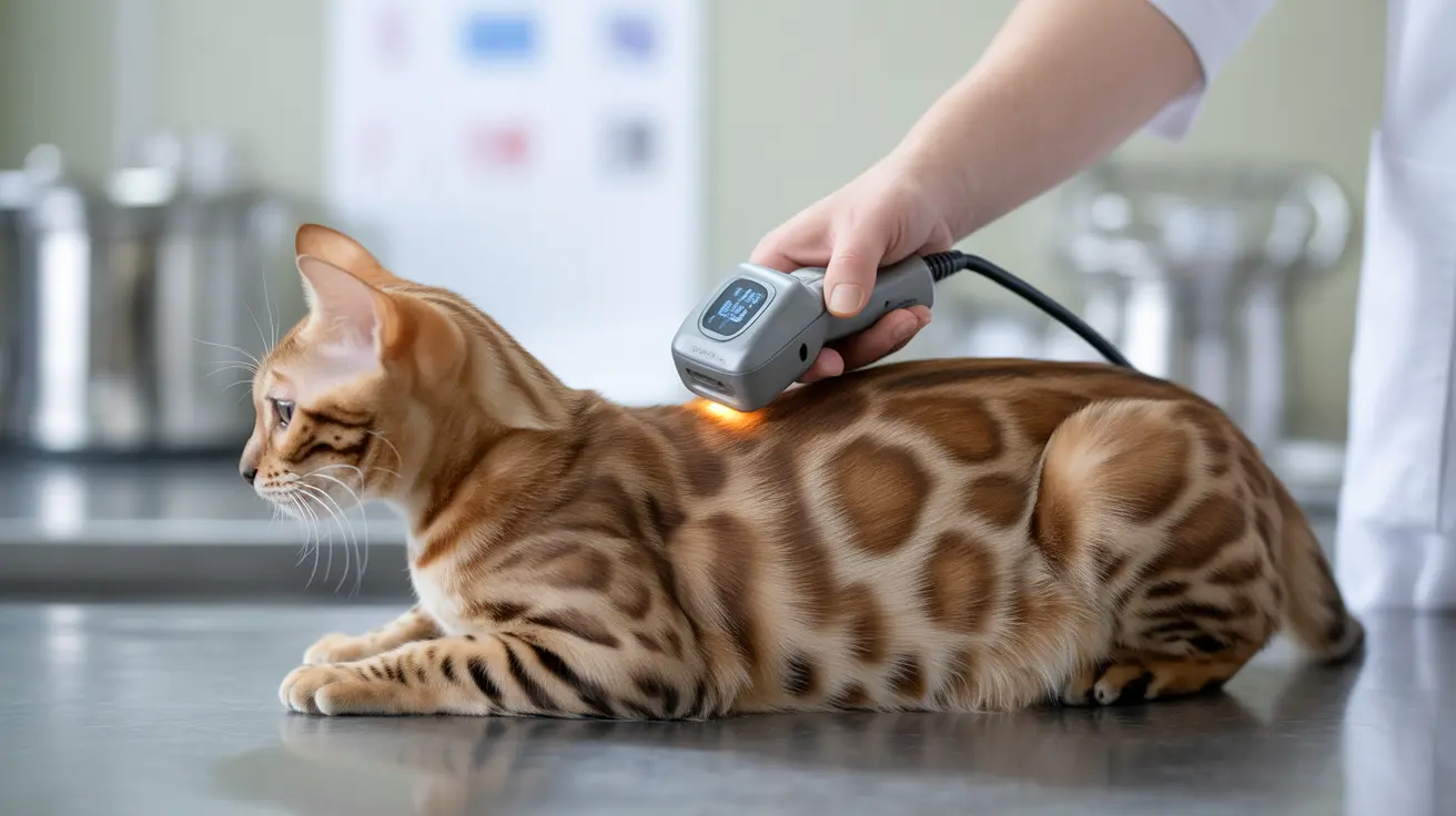 A Bengal cat receiving laser therapy treatment from a veterinary professional