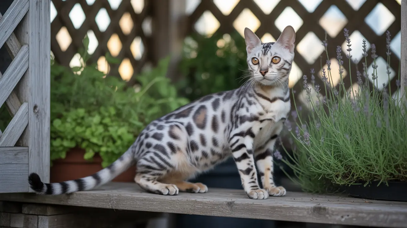 Bengal cat with spotted markings sitting on wooden deck next to lavender plants