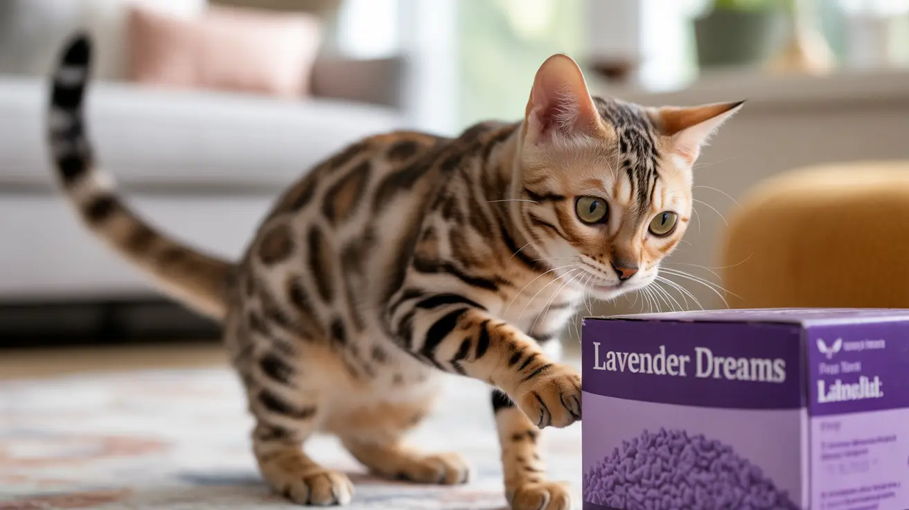 A Bengal cat with distinctive spotted fur standing near a purple lavender product box