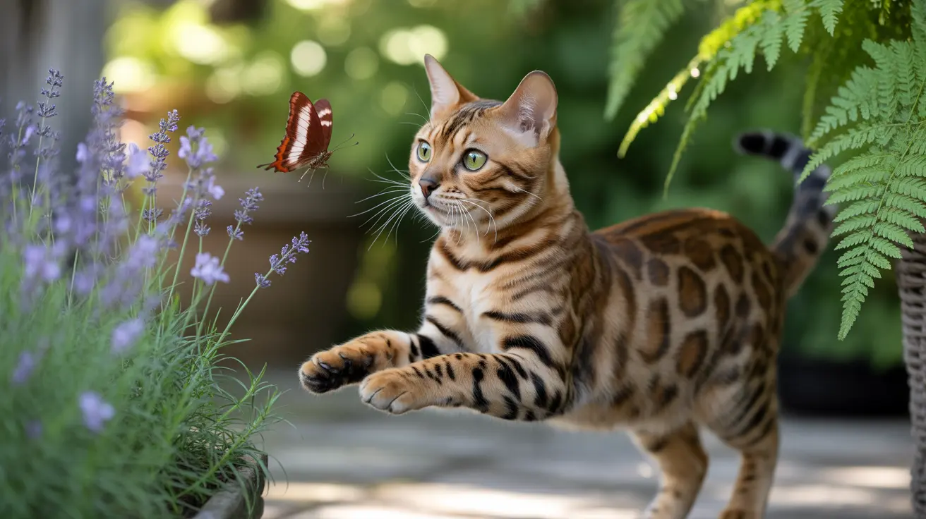A Bengal cat sitting near lavender plants with a red butterfly flying nearby