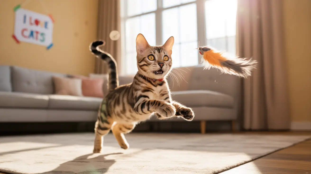 Playful Bengal cat mid-leap reaching for a feather toy in a sunlit living room