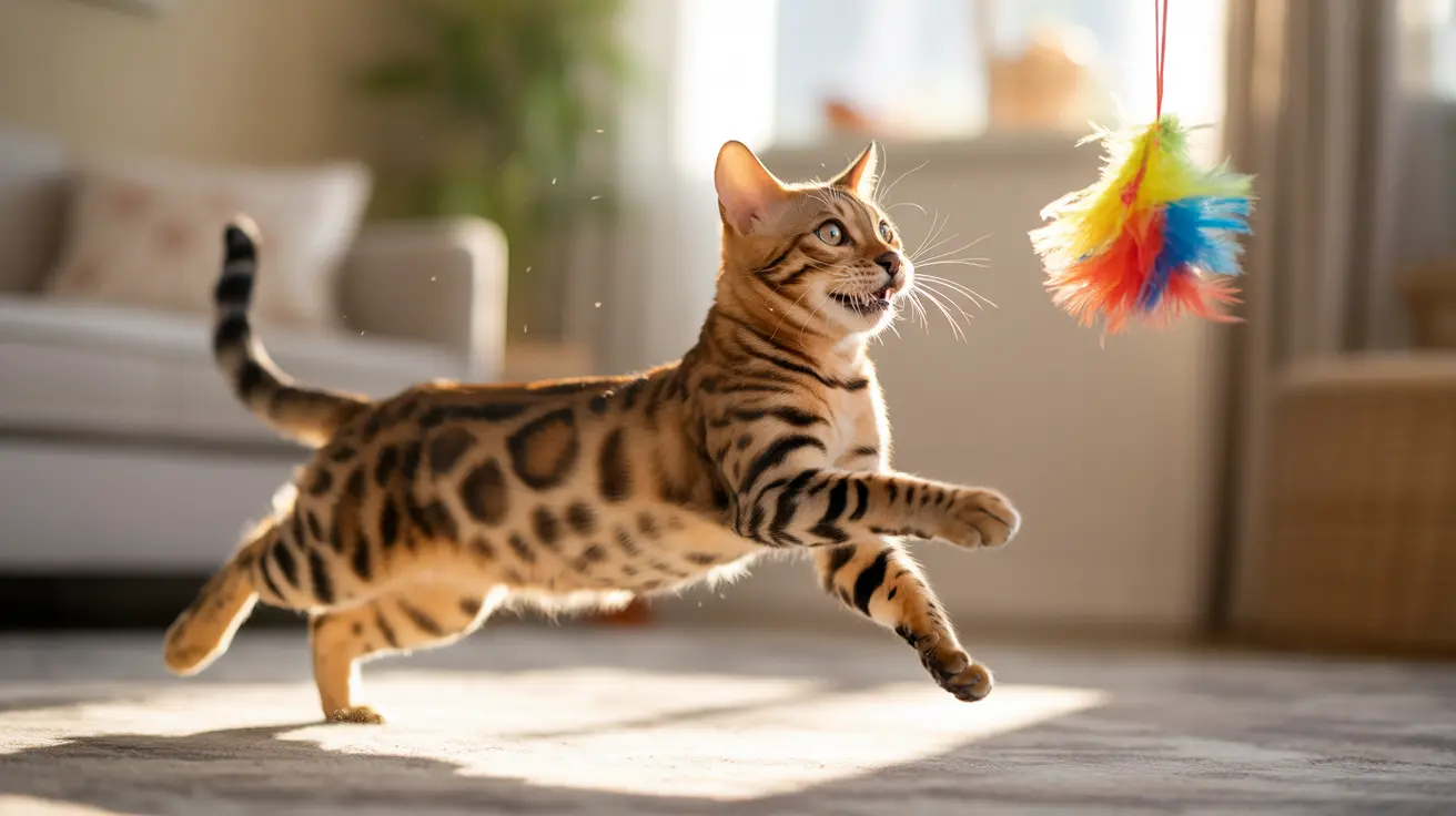 Un chat Bengal en plein saut jouant avec un jouet coloré en plume dans un salon éclairé par le soleil