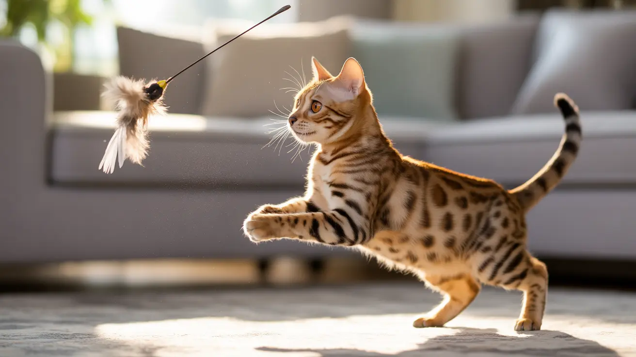 A Bengal cat mid-leap reaching for a feather toy in a sunlit living room