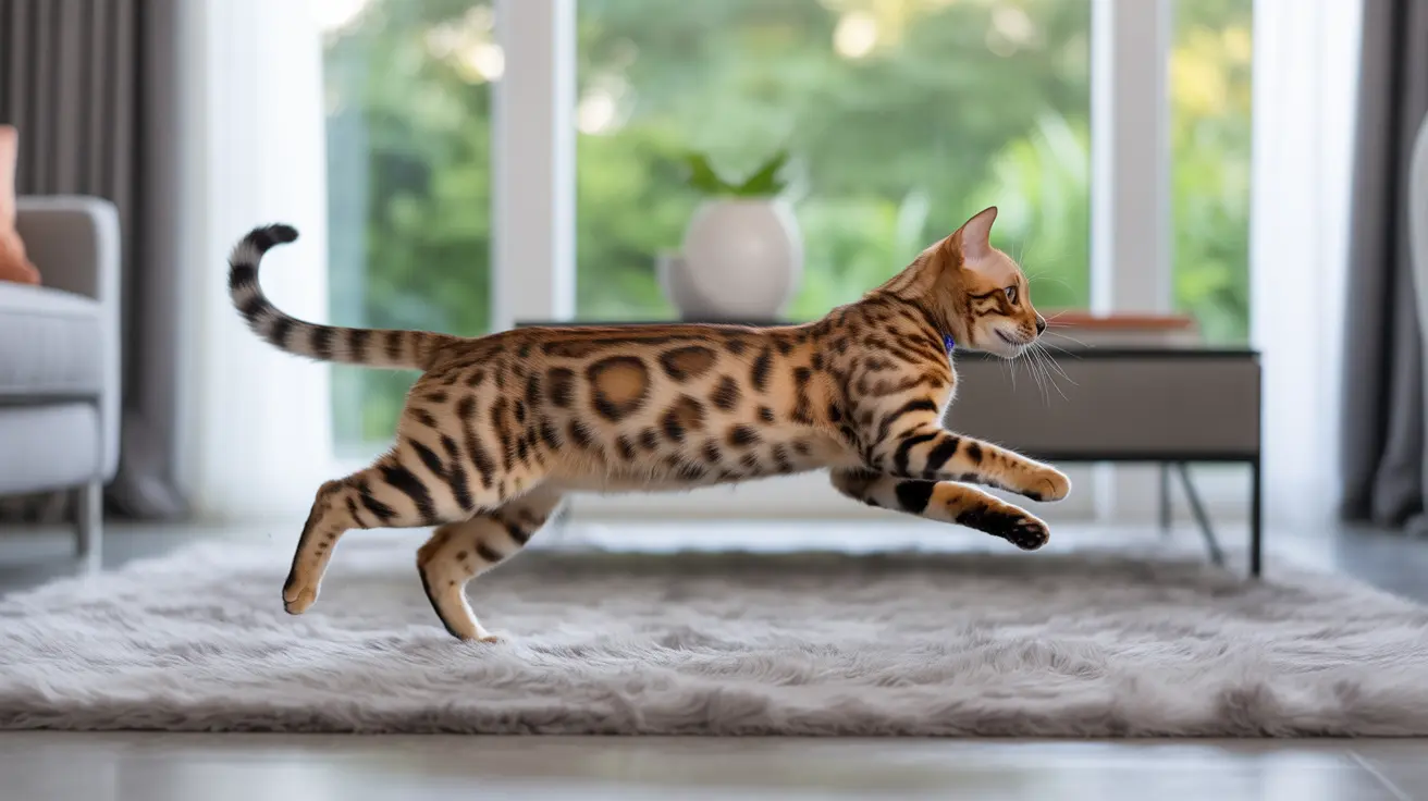 A Bengal cat mid-leap across a soft gray rug in a bright, modern living room with large windows