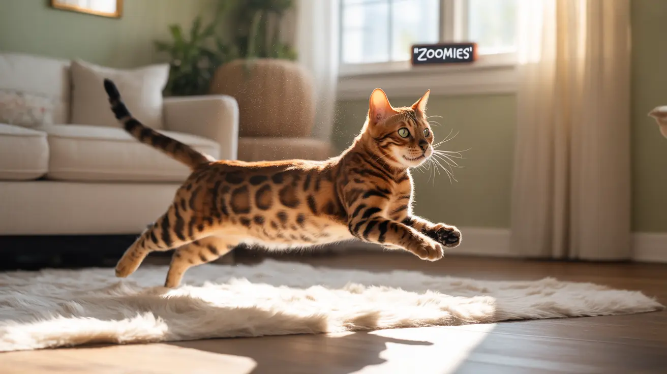 A Bengal cat mid-leap across a white fur rug in a sunlit living room, displaying its distinctive leopard-like spotted coat