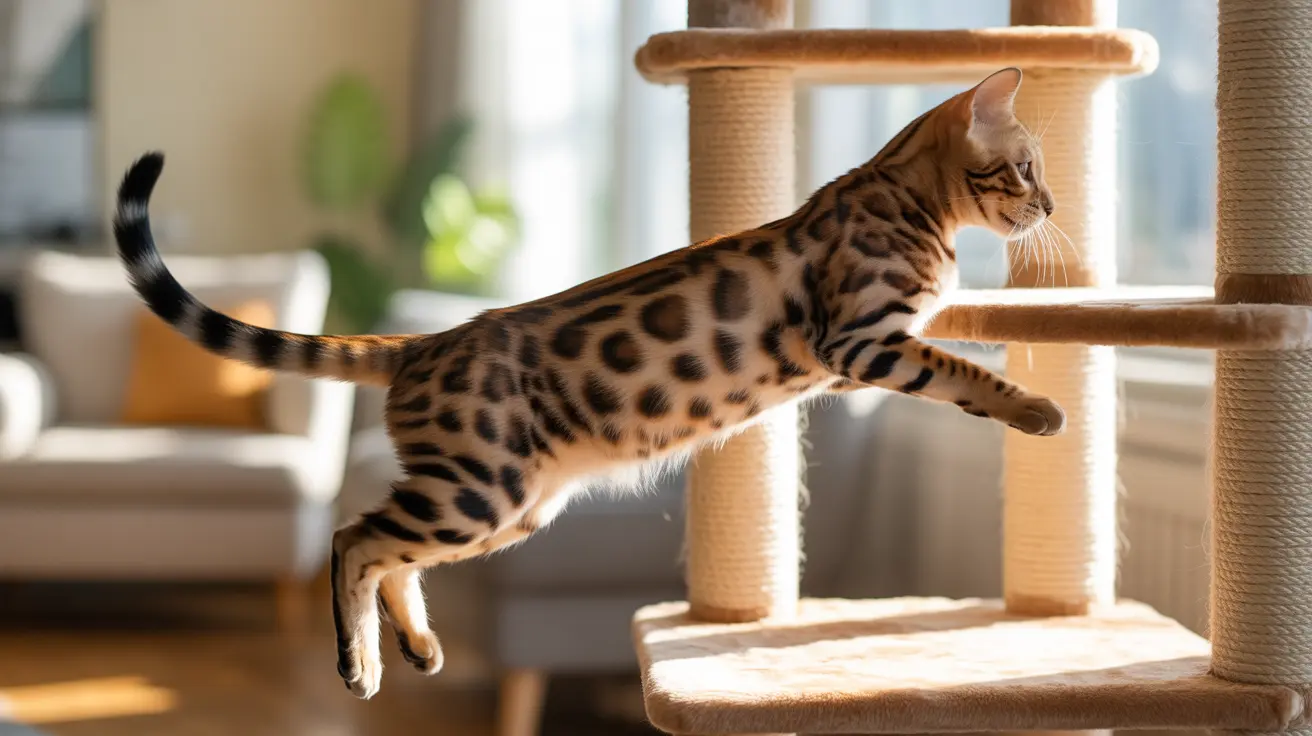 A Bengal cat leaping gracefully between platforms on a cat tree in a bright, sunlit living room.