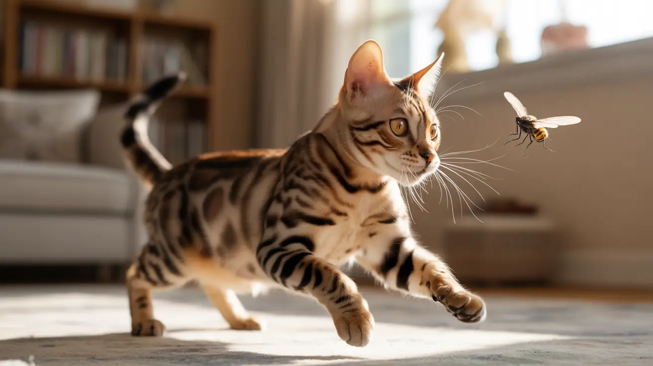 A Bengal cat mid-leap, focused on a flying insect indoors