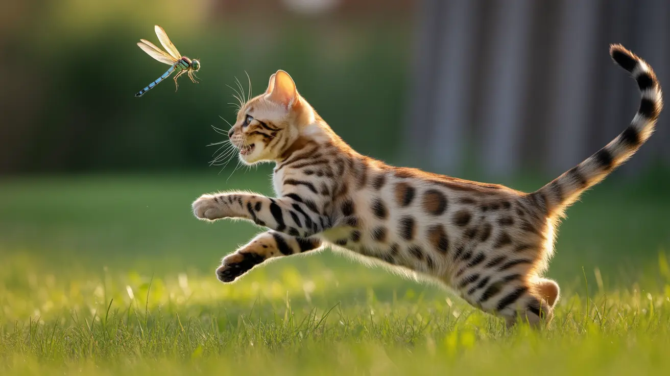 A Bengal cat leaping through the air chasing a dragonfly in a sunlit grassy yard