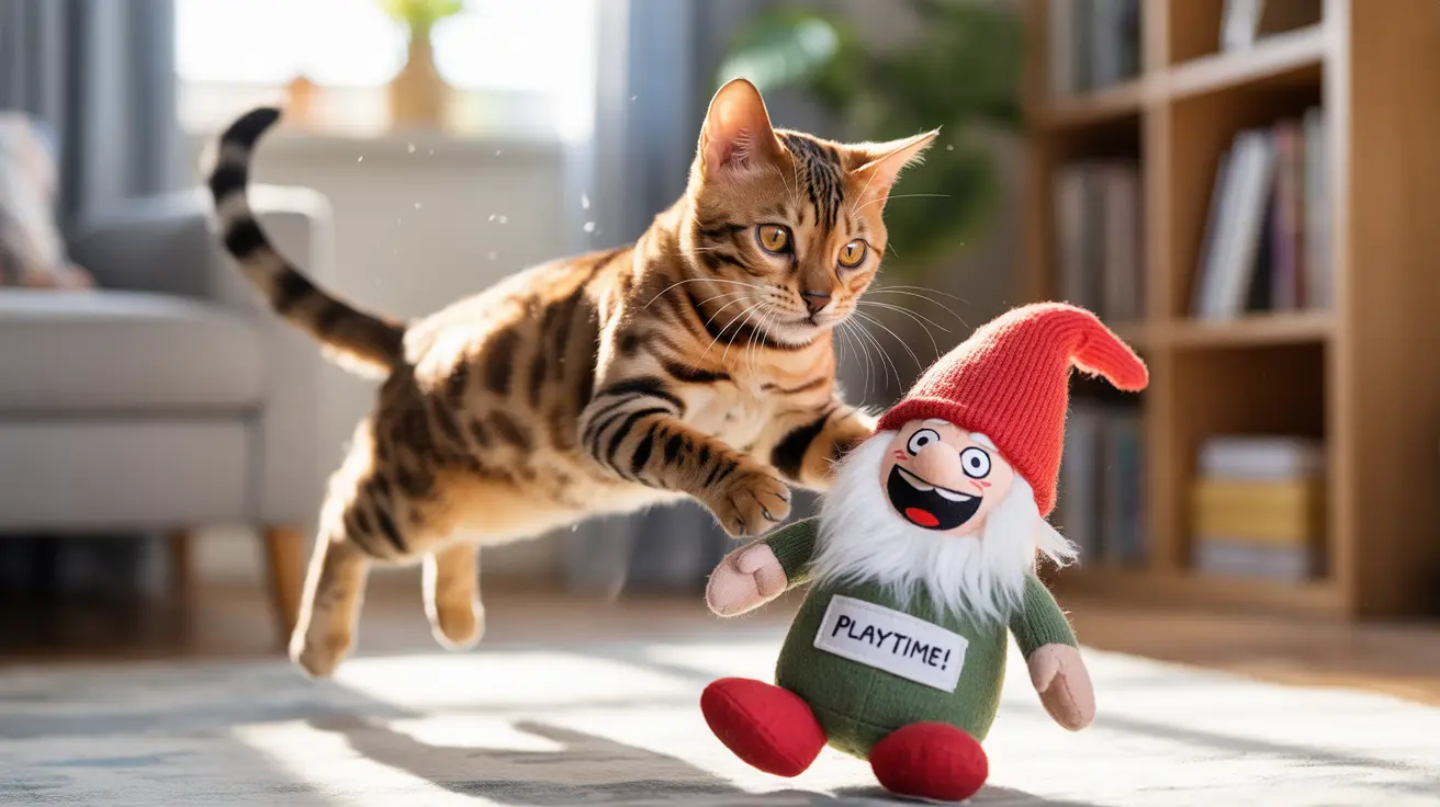 A playful Bengal cat mid-leap reaching for a colorful gnome toy with 'PLAYTIME!' written on its shirt