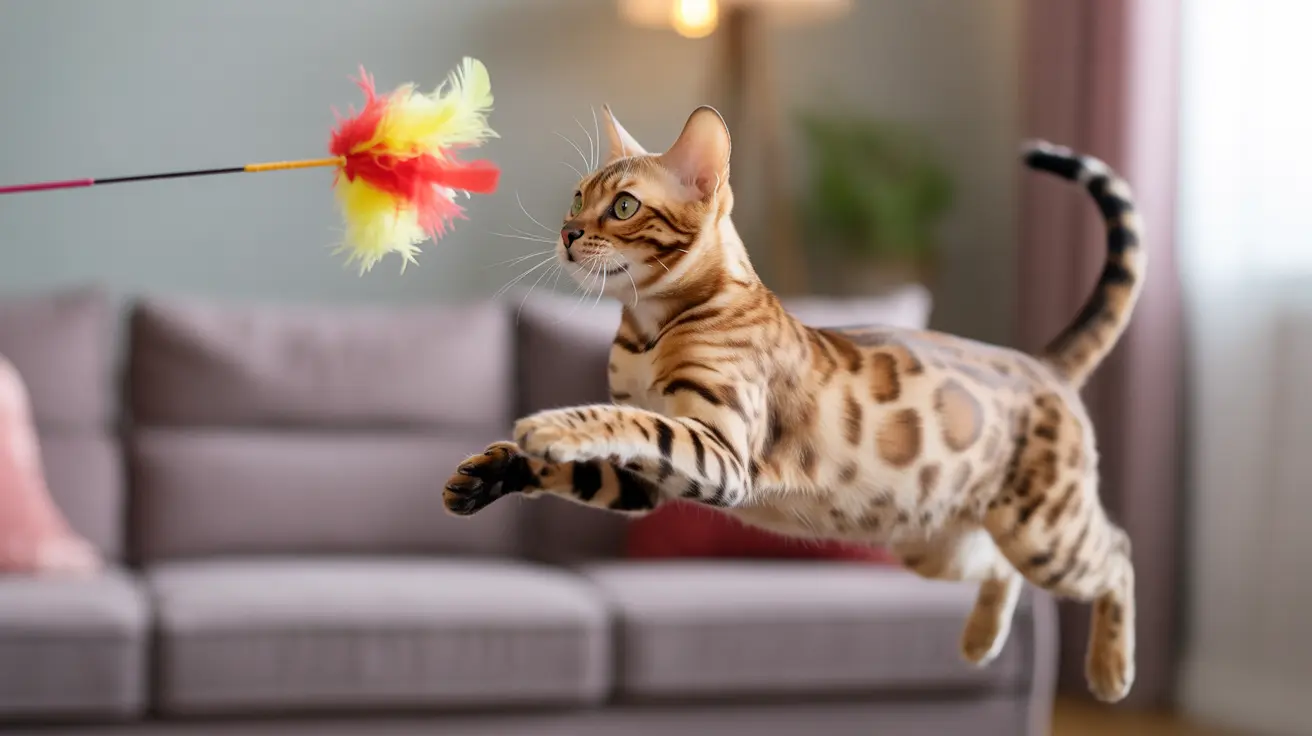 A Bengal cat leaping dramatically towards a colorful feather toy on a couch