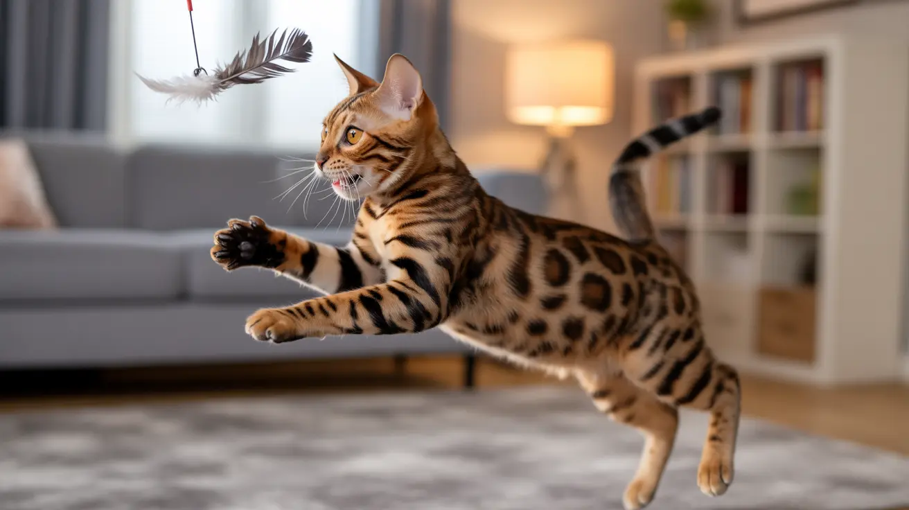 A Bengal cat leaping mid-air to catch a feather toy in a cozy living room setting.