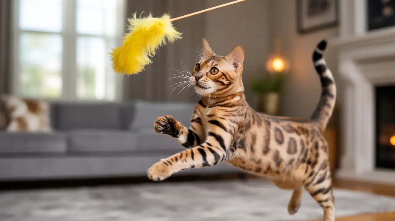 A Bengal cat leaping mid-air to catch a yellow feather toy in a cozy living room setting.