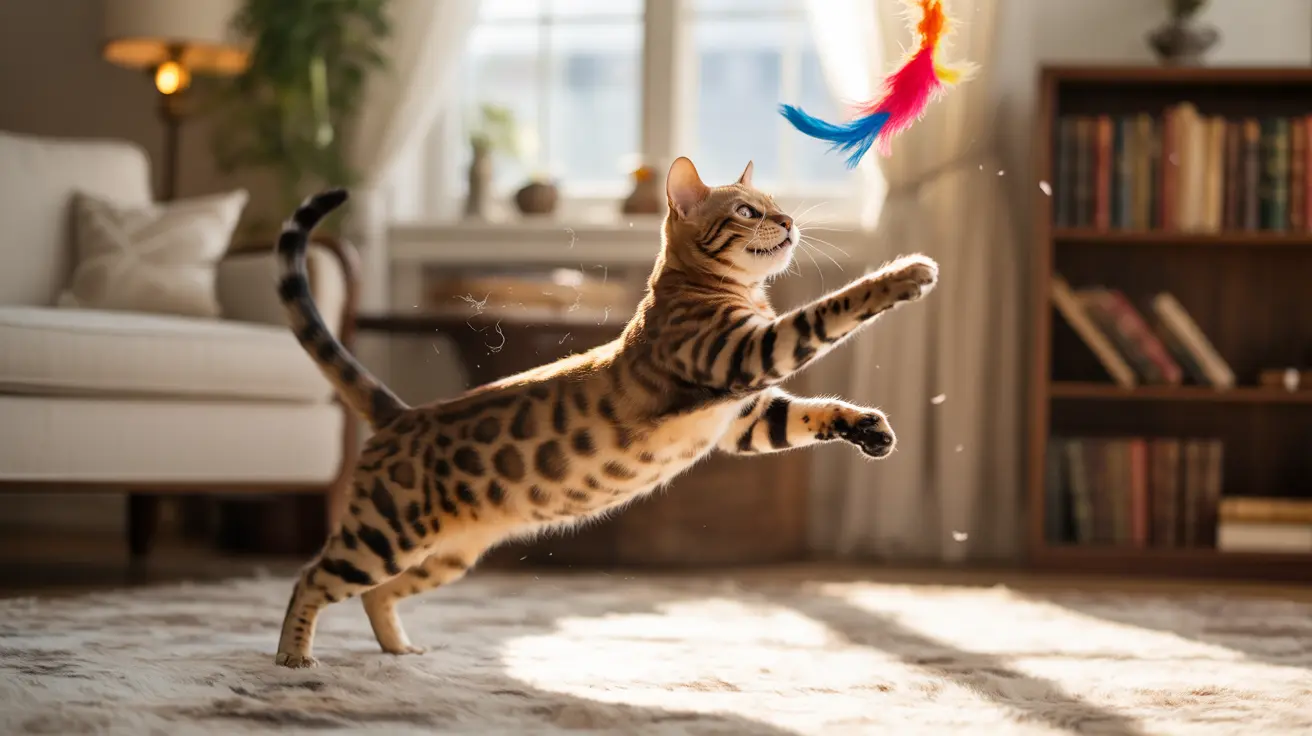 A Bengal cat leaping dramatically in mid-air while playing with a colorful feather toy