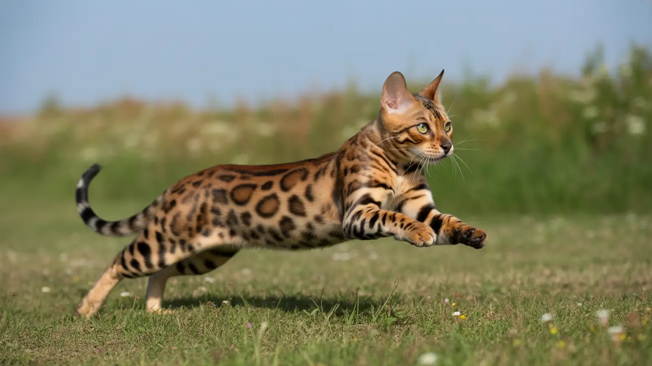 A Bengal cat mid-leap across a grassy field in a dynamic, athletic pose