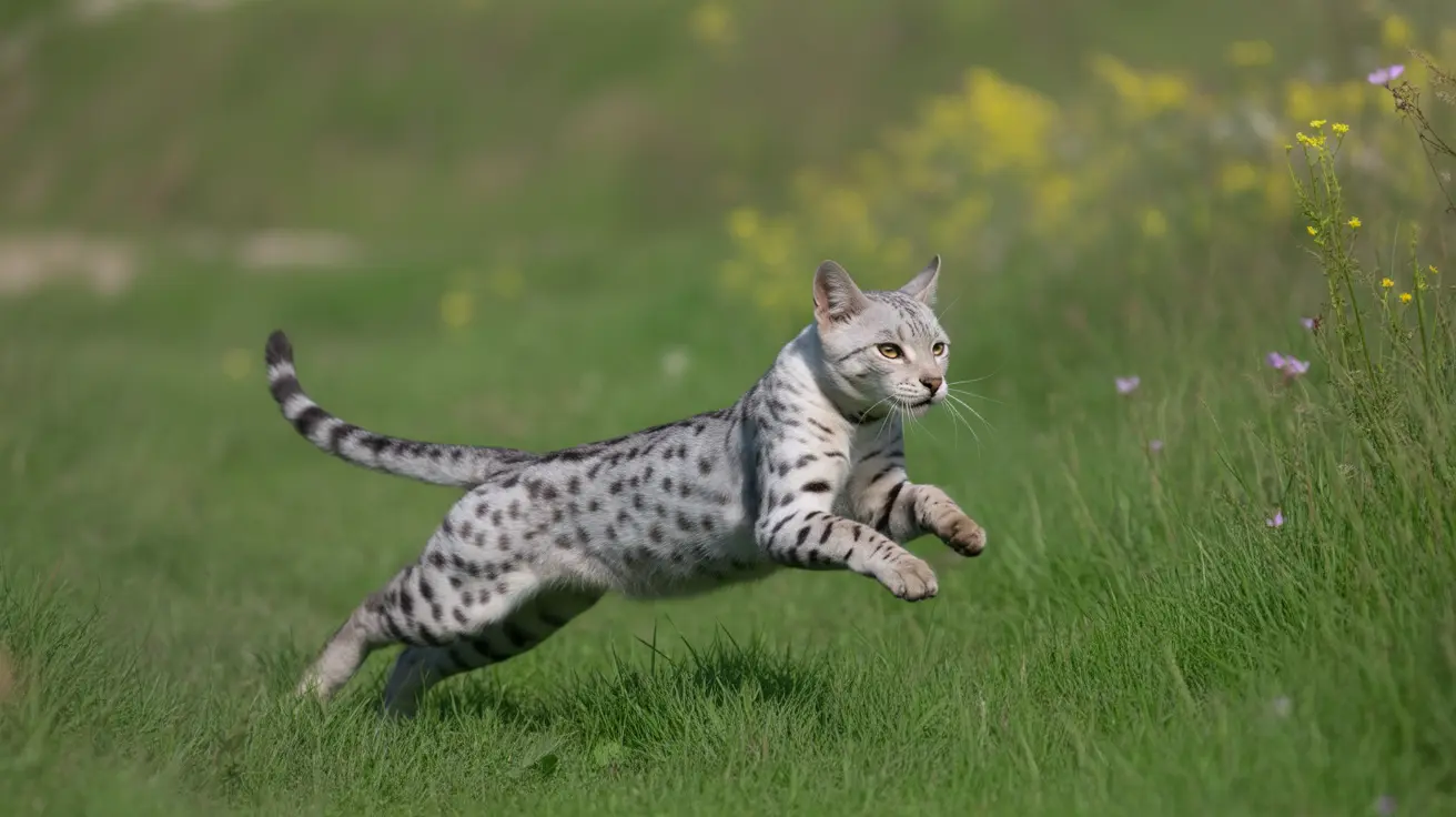 A silver and black spotted Bengal cat leaping dynamically through a lush green field with wildflowers