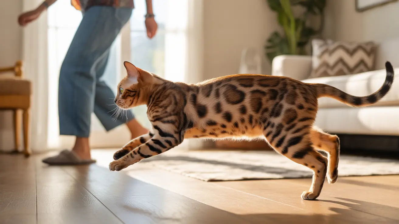 A Bengal cat mid-leap across a bright sunlit living room floor