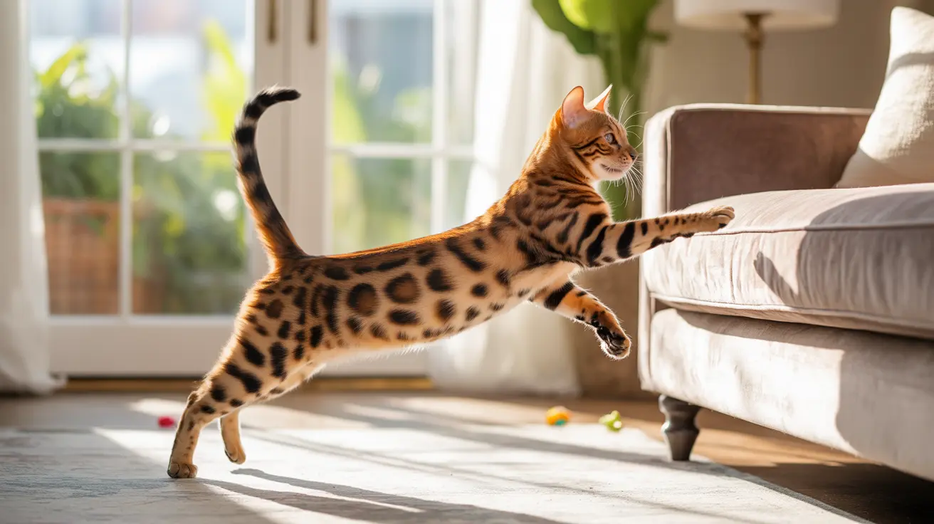 Un chat Bengal sautant dynamiquement à travers un salon lumineux, en plein saut entre le sol et un canapé