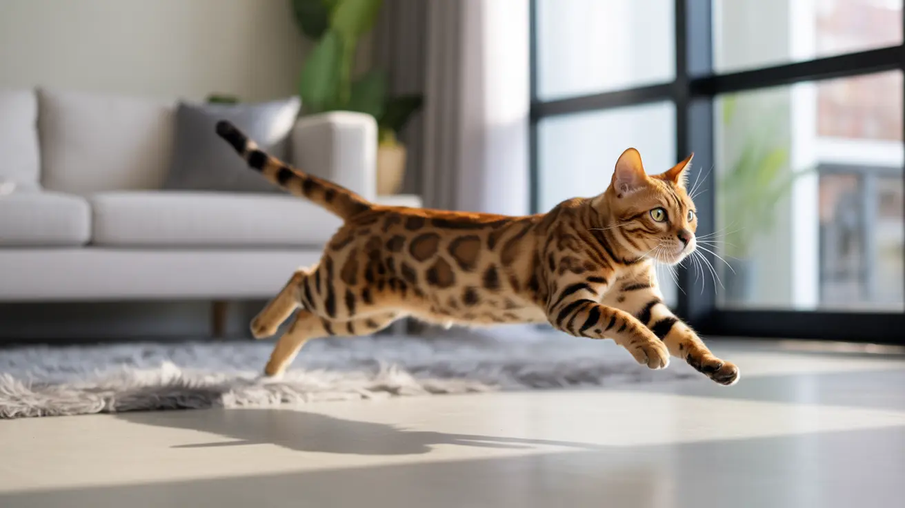 A Bengal cat mid-leap across a modern living room floor