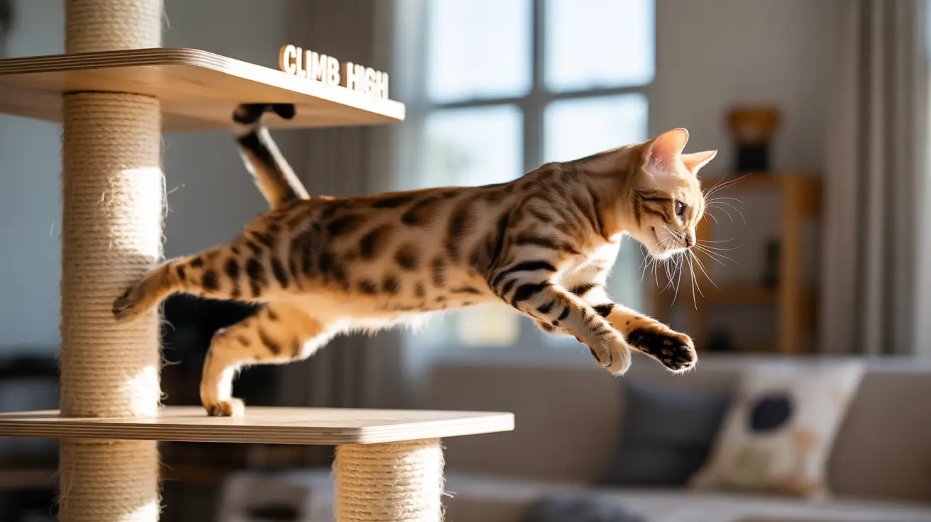 A Bengal cat mid-leap on a modern wooden cat tree with sisal-wrapped posts