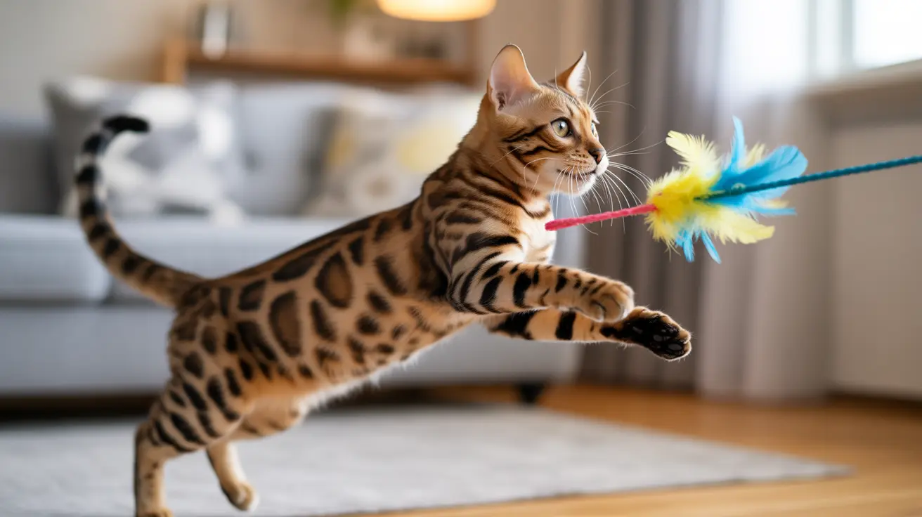 A Bengal cat leaping mid-air while playing with a colorful feather cat toy