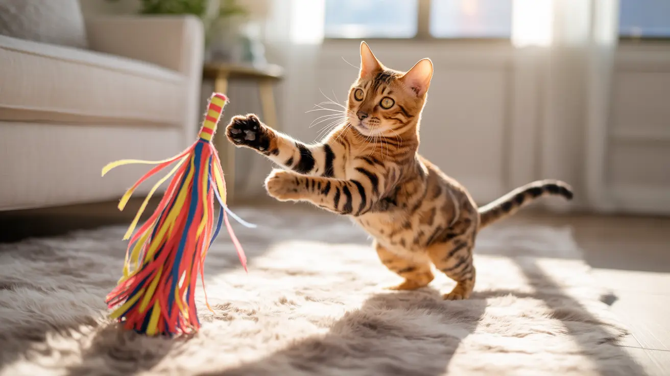 Un gato Bengalí juguetón saltando y alcanzando un juguete de cinta colorido en una sala de estar iluminada por el sol