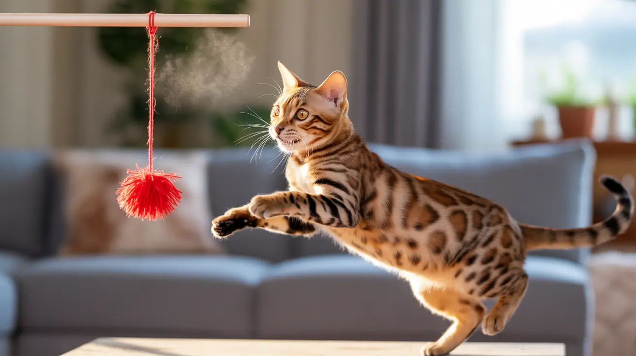 A Bengal cat leaping mid-air to catch a red fluffy cat toy hanging from a suspended rod