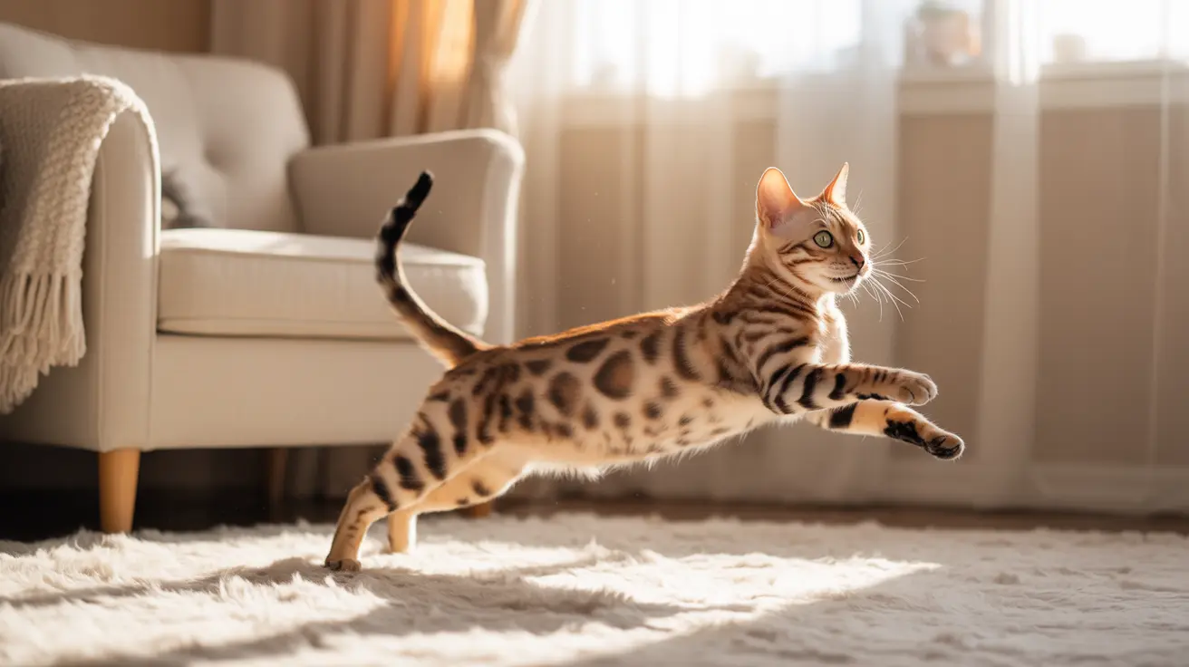 A Bengal cat mid-leap across a soft white carpet in a sunlit living room