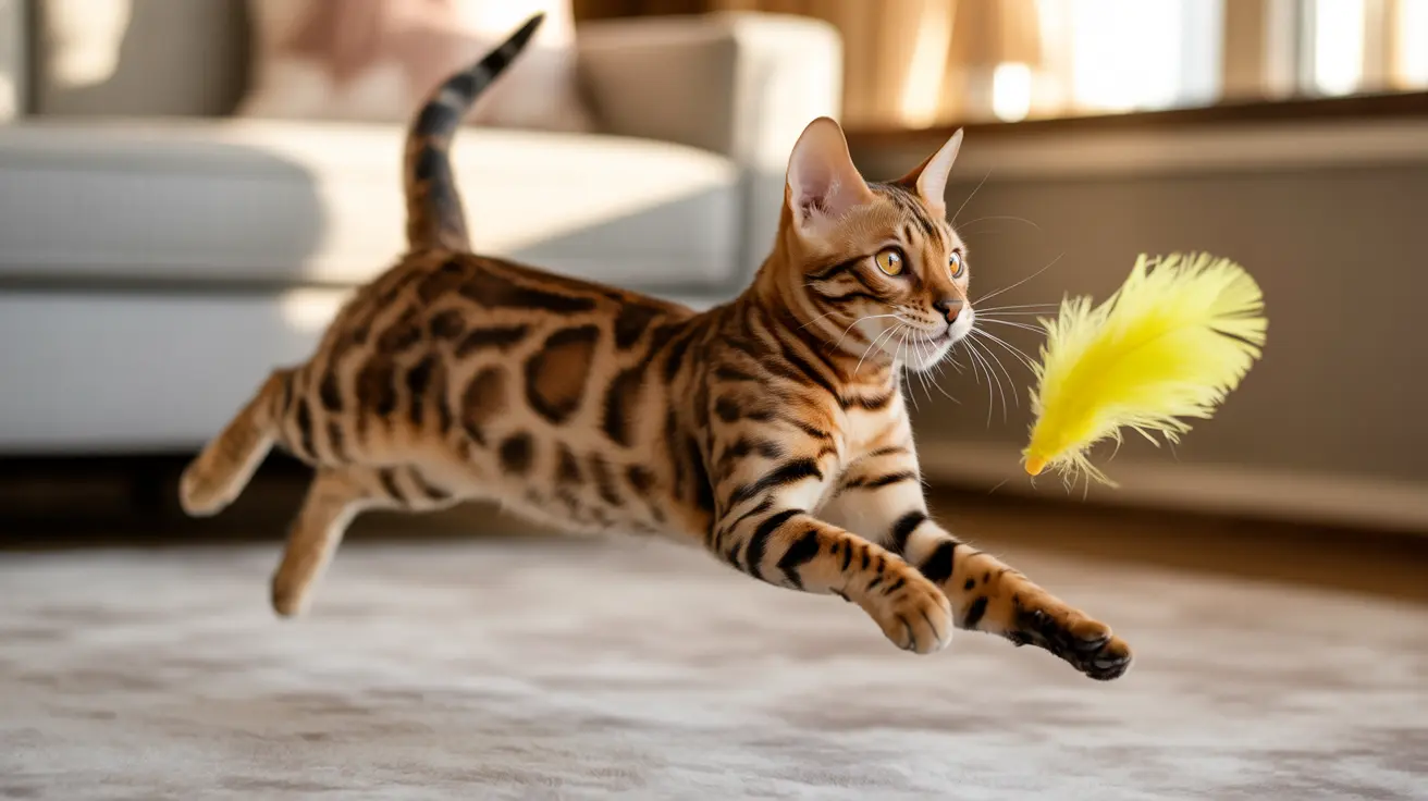 A Bengal cat jumping in a living room chasing a yellow feather toy