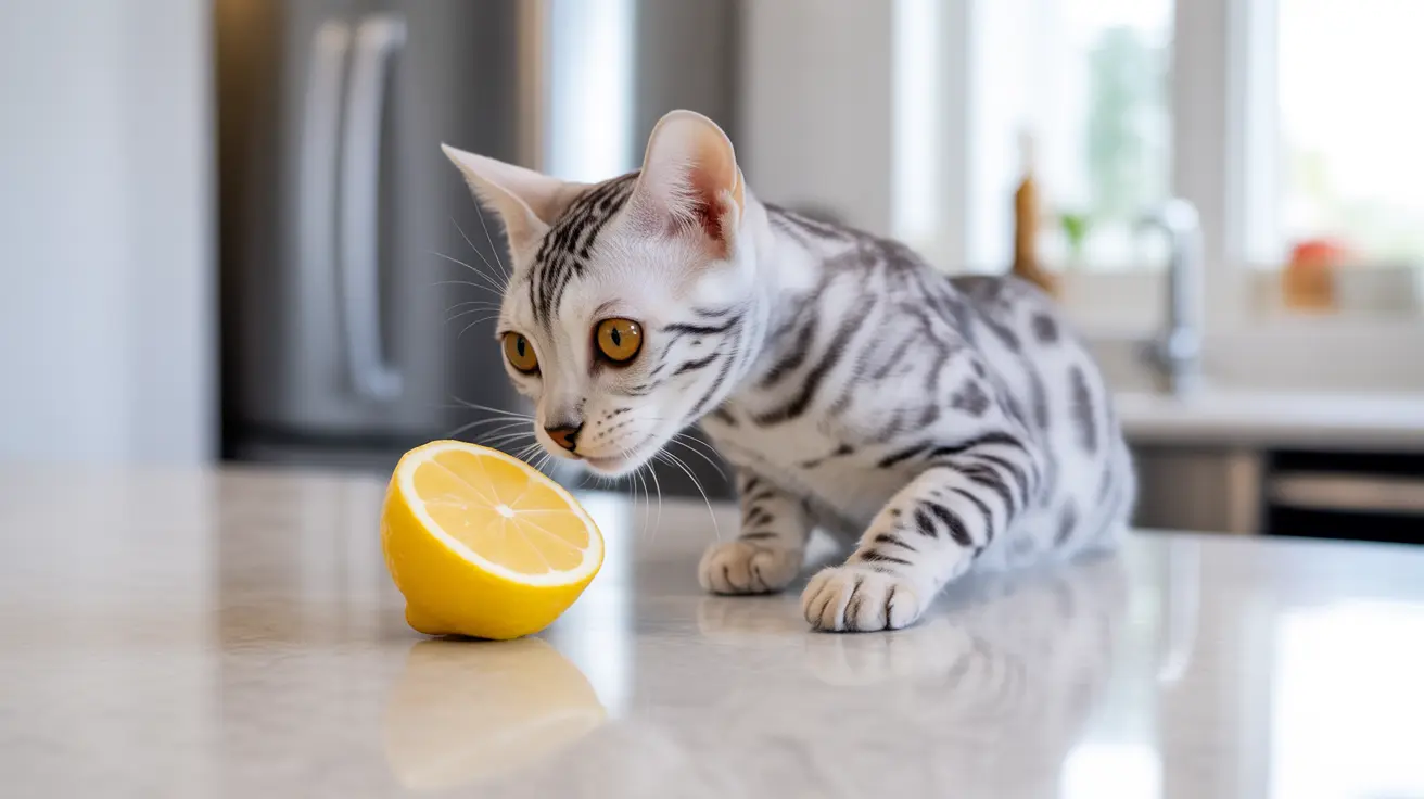 Un gato Bengalí plateado y blanco observa curiosamente un limón partido sobre una superficie reflectante.