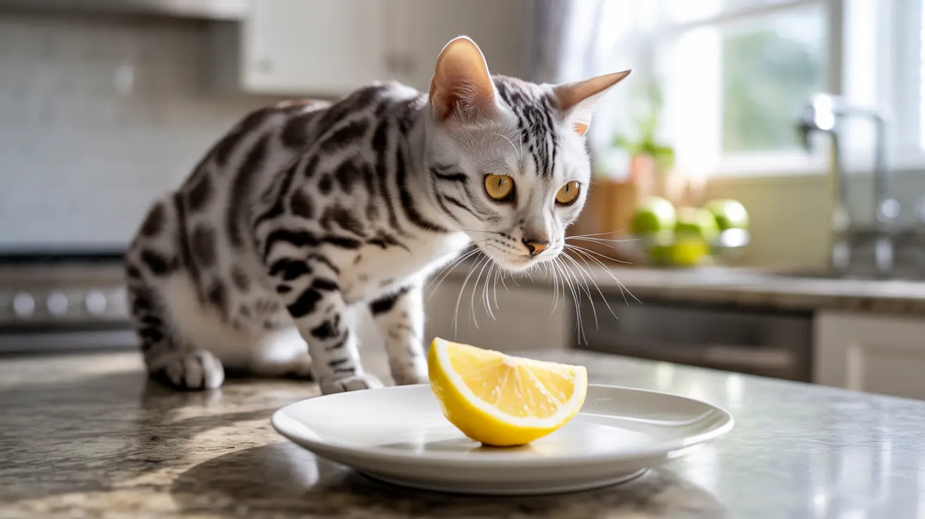 A Bengal cat curiously examining a slice of lemon on a white plate in a bright kitchen setting