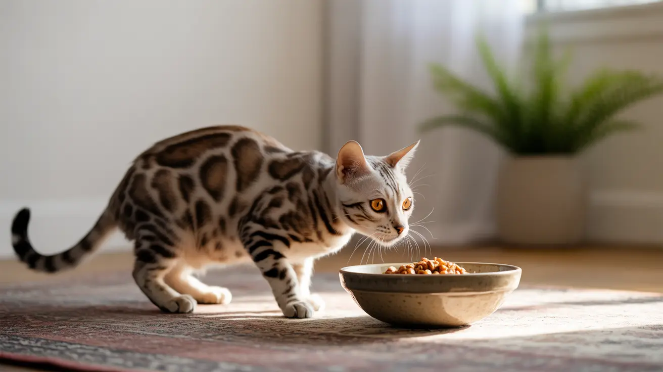 A Bengal cat with distinctive leopard-like markings approaches a food bowl