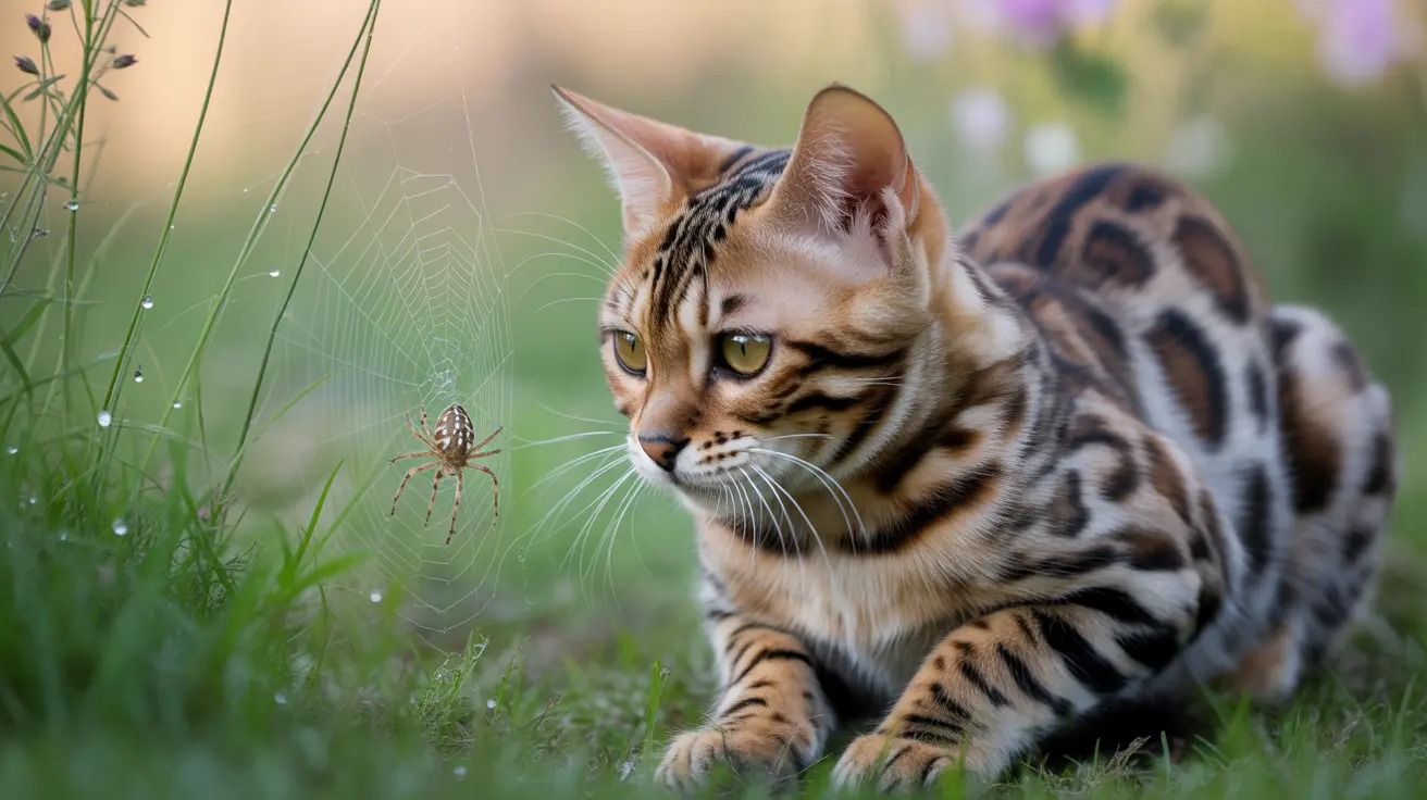 A Bengal cat in a grassy area with a spider web and nearby spider, showing leopard-like markings