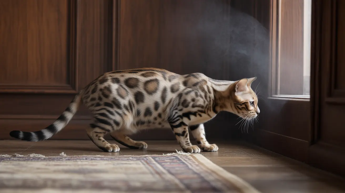 A Bengal cat with leopard-like spots near a window in a wooden-paneled room